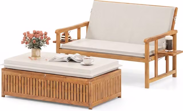 Costway Brown Acacia Wood Patio Loveseat Recliner Sun Lounger