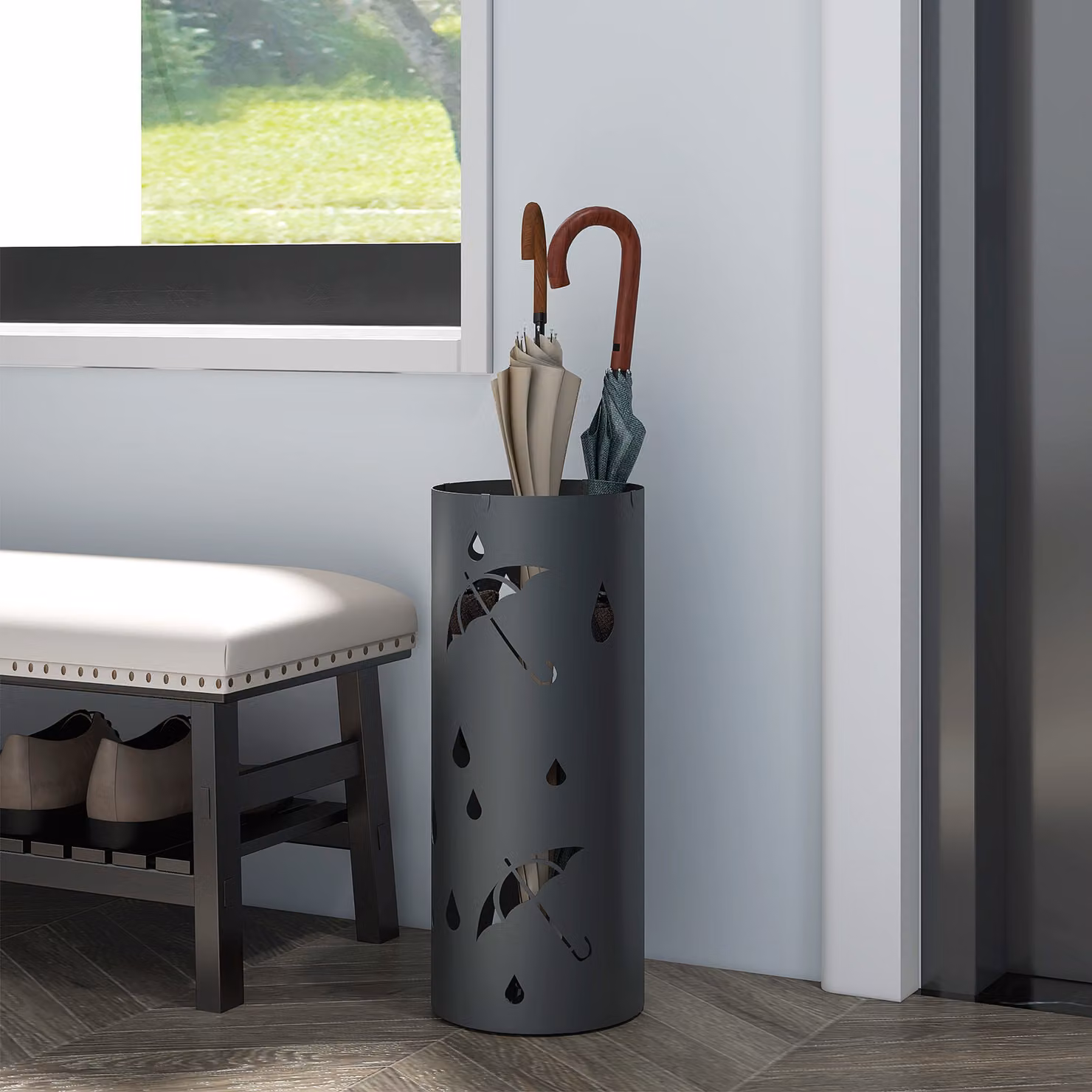 HOMCOM Circular Umbrella Stand with Hooks and Removable Water Tray, Dark Grey – 2