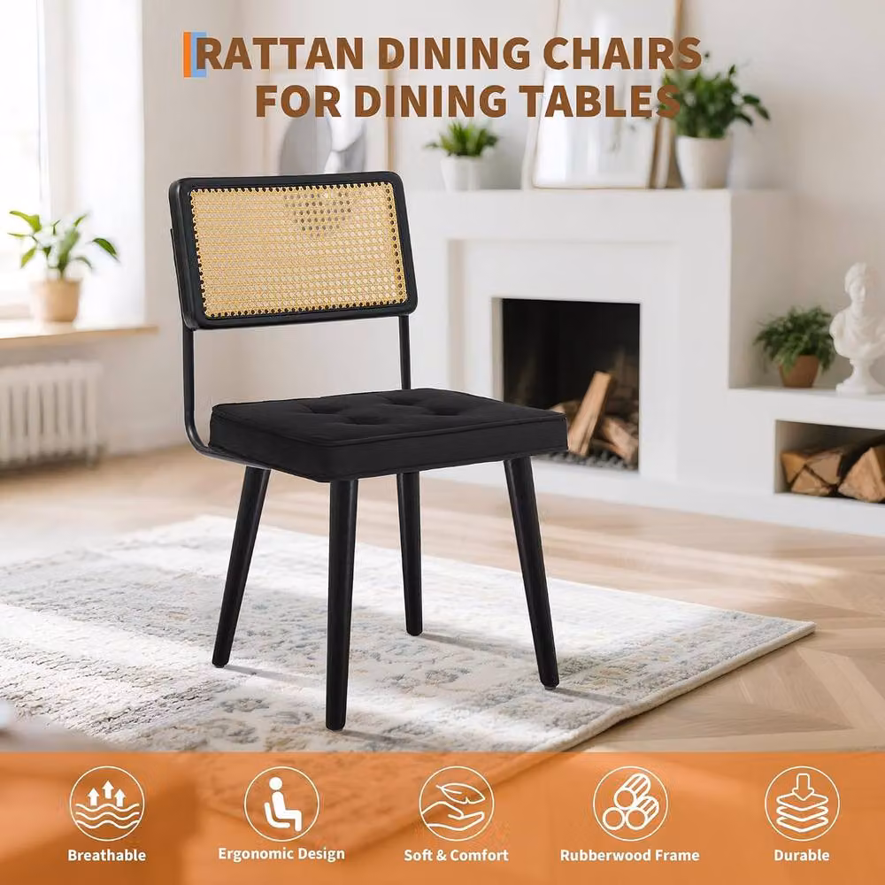 London Boutique Set of 2 Black Velvet Upholstered Rattan Dining Chairs with Rubberwood Legs – 4
