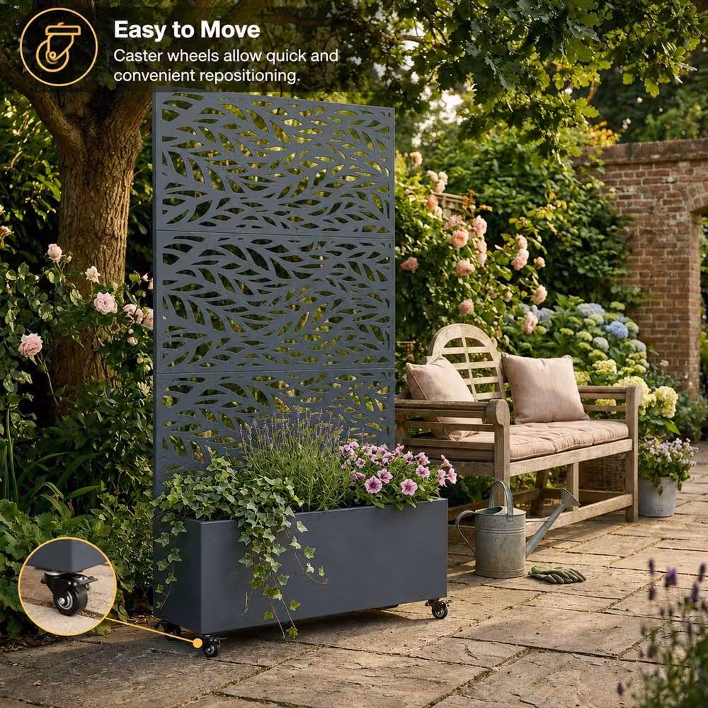 Nicoman Metal Indoor Outdoor Privacy Screen with Plant Pot, Leaf Pattern, Grey, H 180 x W 90 x D 40 cm – 3
