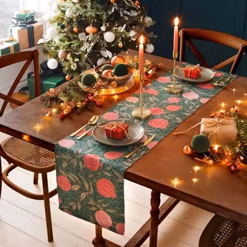 Paoletti Pomegranate Table Runner in Green and Gold, W/D/H: 220 x 35 cm