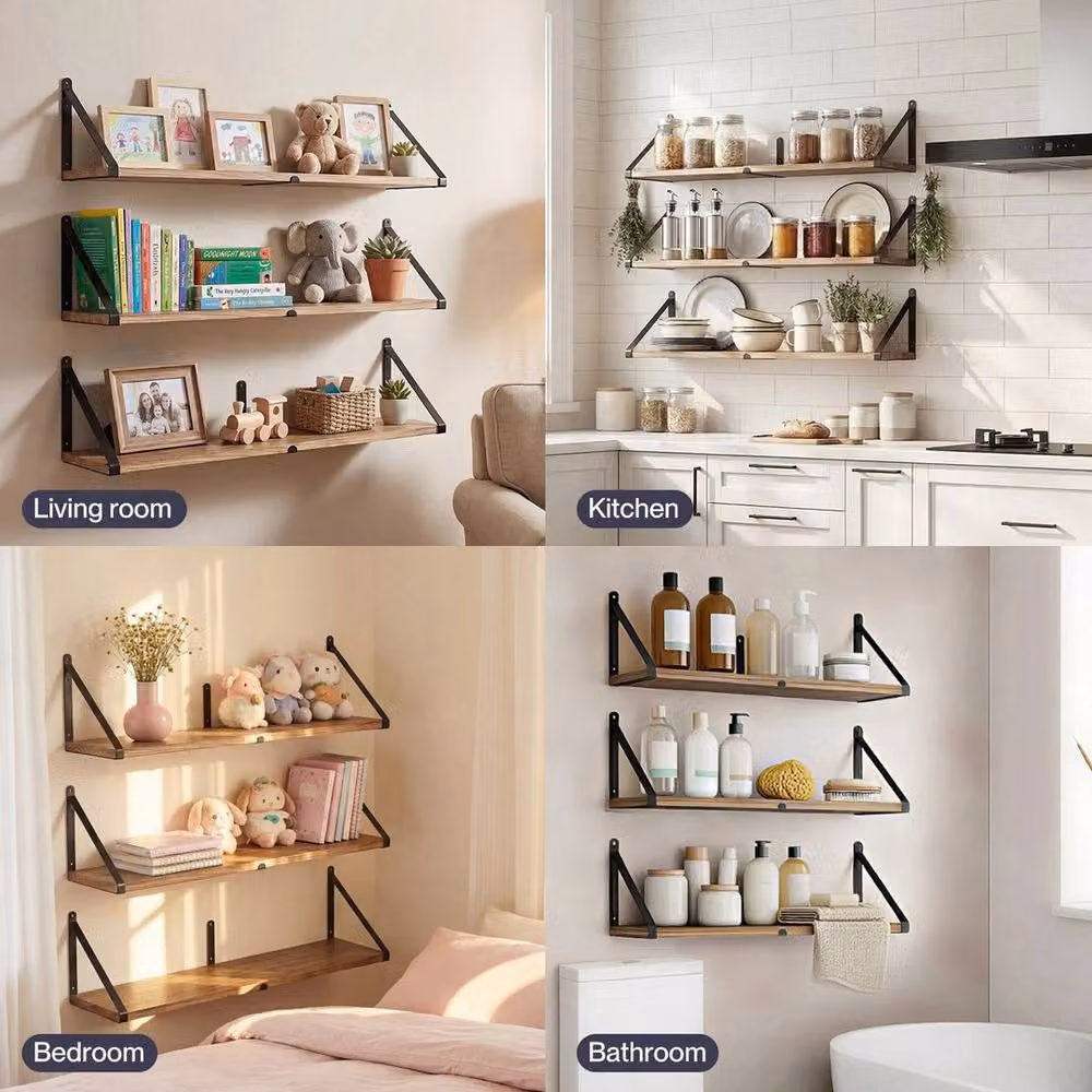 Kelvenix Wall Mounted Floating Shelves in Brown Wood, W/D/H: 80 x 18 x 3 cm – 2