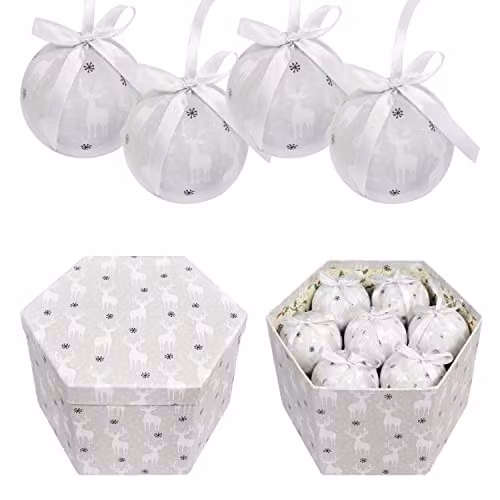 The Christmas Workshop Set of 14 Reindeer Christmas Baubles in White and Silver, Diameter: 7.5 cm