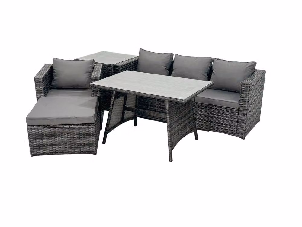 Fimous Rattan Dining Set with Sofa, Side Table and Footstool in Dark Grey – 2