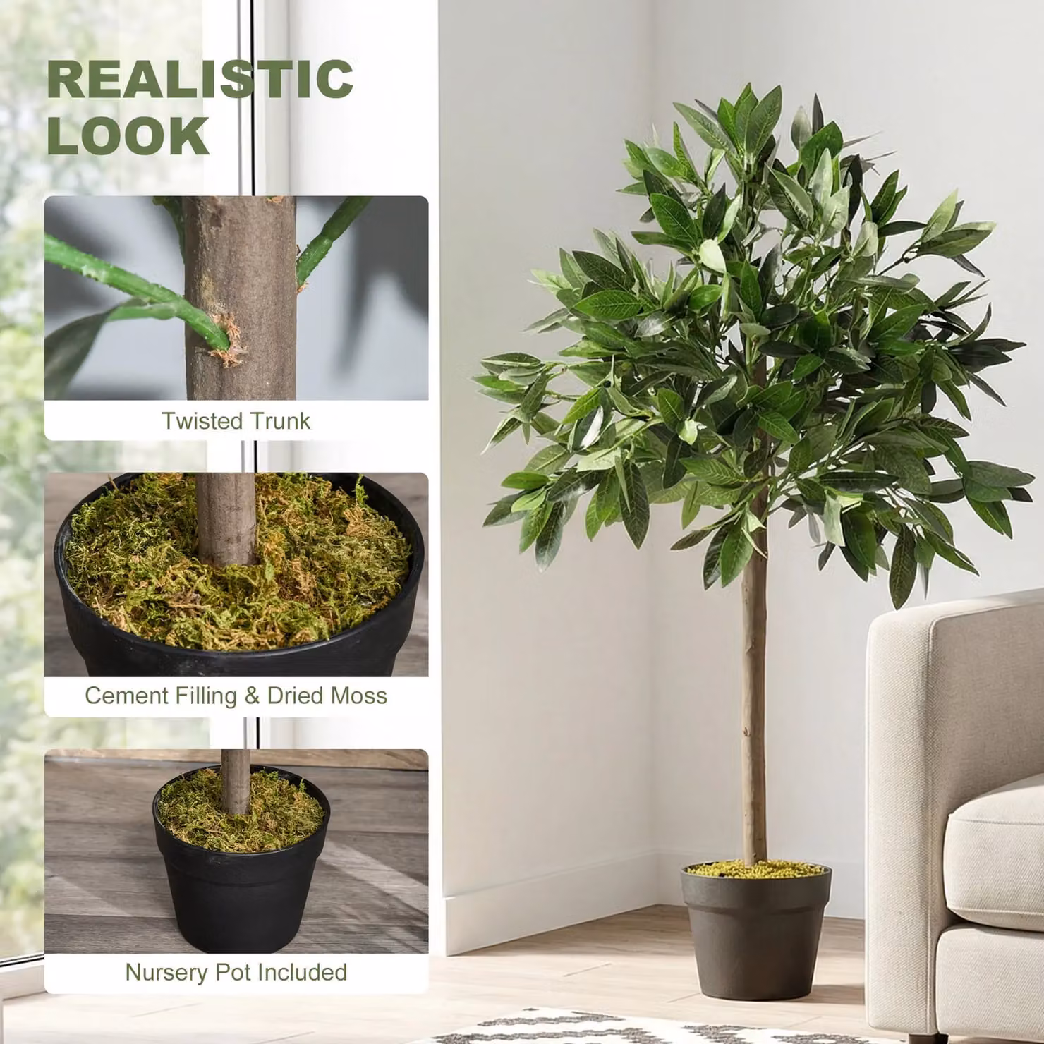 Outsunny Set of 2 Artificial Bay Laurel Topiary Trees in Green, Height: 90 cm – 5