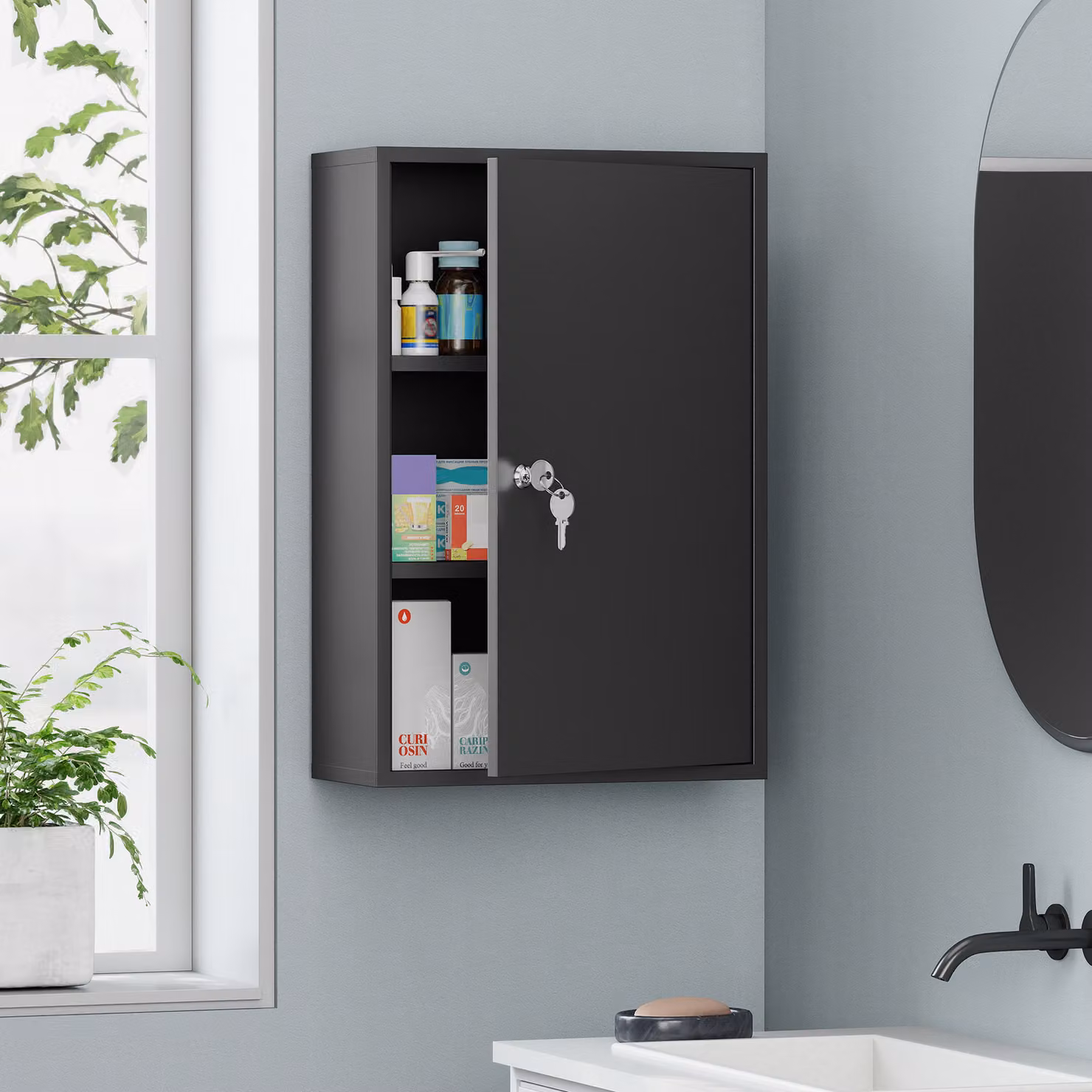 kleankin Lockable 3-Tier Steel Wall Mount Medicine Cabinet with Internal Shelves and Hinged Doors, Black – 2