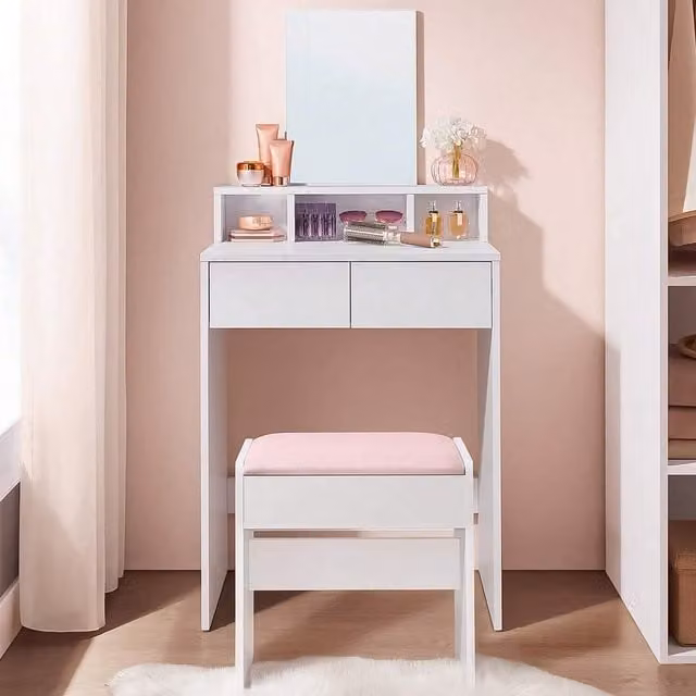 VASAGLE Modern Dressing Table with Mirror and 2 Drawers, White, W: 127 cm, D: 40 cm, H: 76.7 cm
