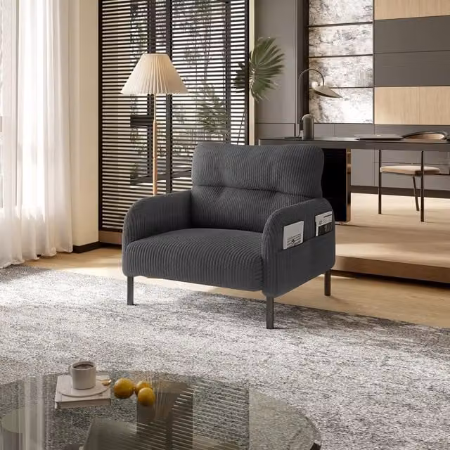 Aosom UK Grey Corduroy Single-Seater Armchair with High-Density Foam Cushion and Storage Pockets, W/D/H: 75 x 67 x 79 cm – 1