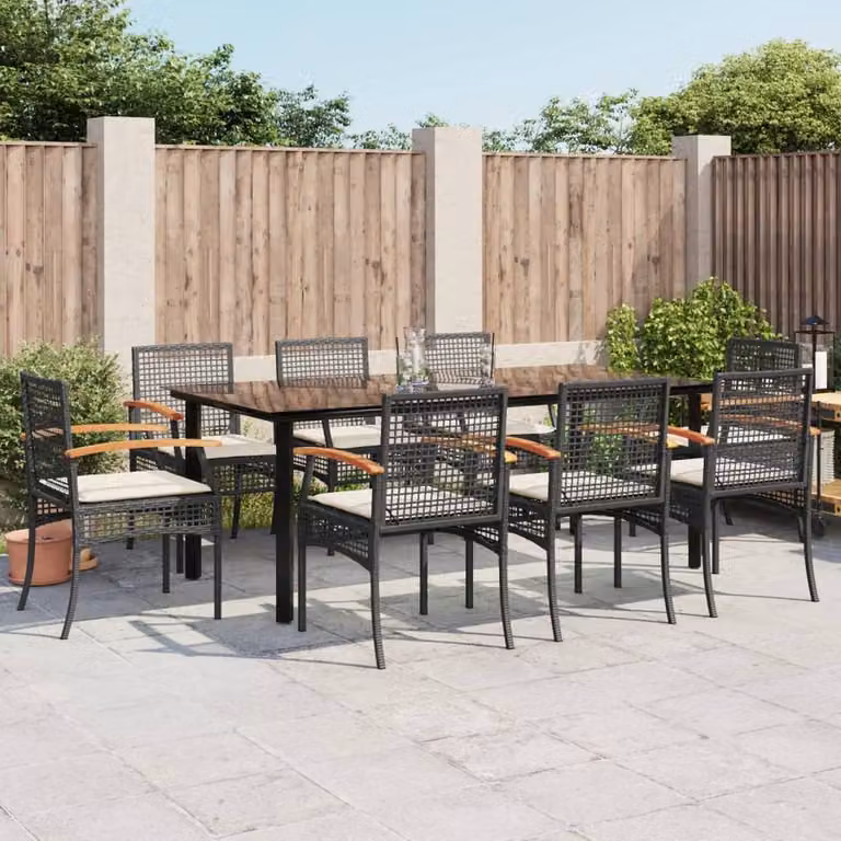 Berkfield Home Beautiful 9 Piece Black Poly Rattan Garden Dining Set with Cushions