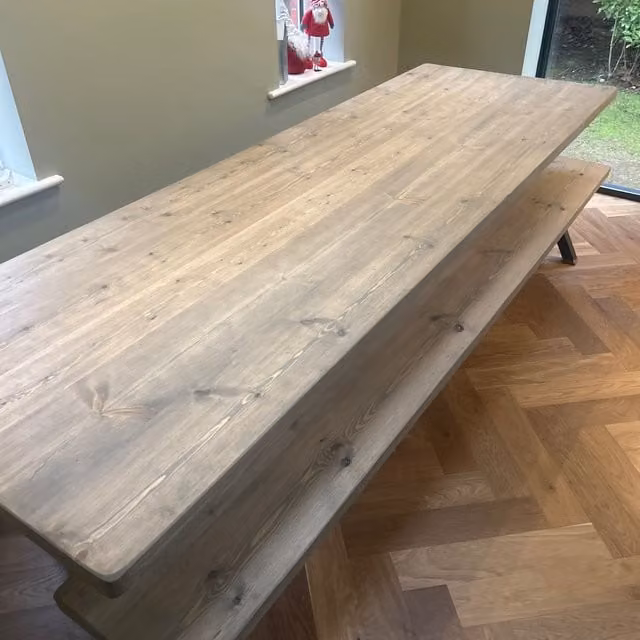 TRL Handmade Furniture Grey Wash and Brown Chunky Industrial Pine Dining Table with X-Frame Legs, W: 300 cm, D: 140 cm