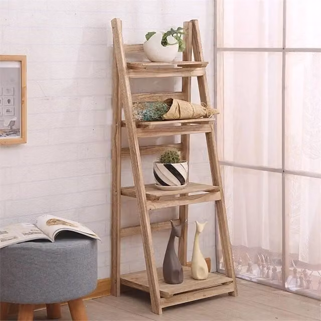 VOGREX 4-Tier Foldable Wooden Ladder Shelf Planter and Storage Rack in Brown, W/D/H: 34.5 x 34.5 x 110 cm