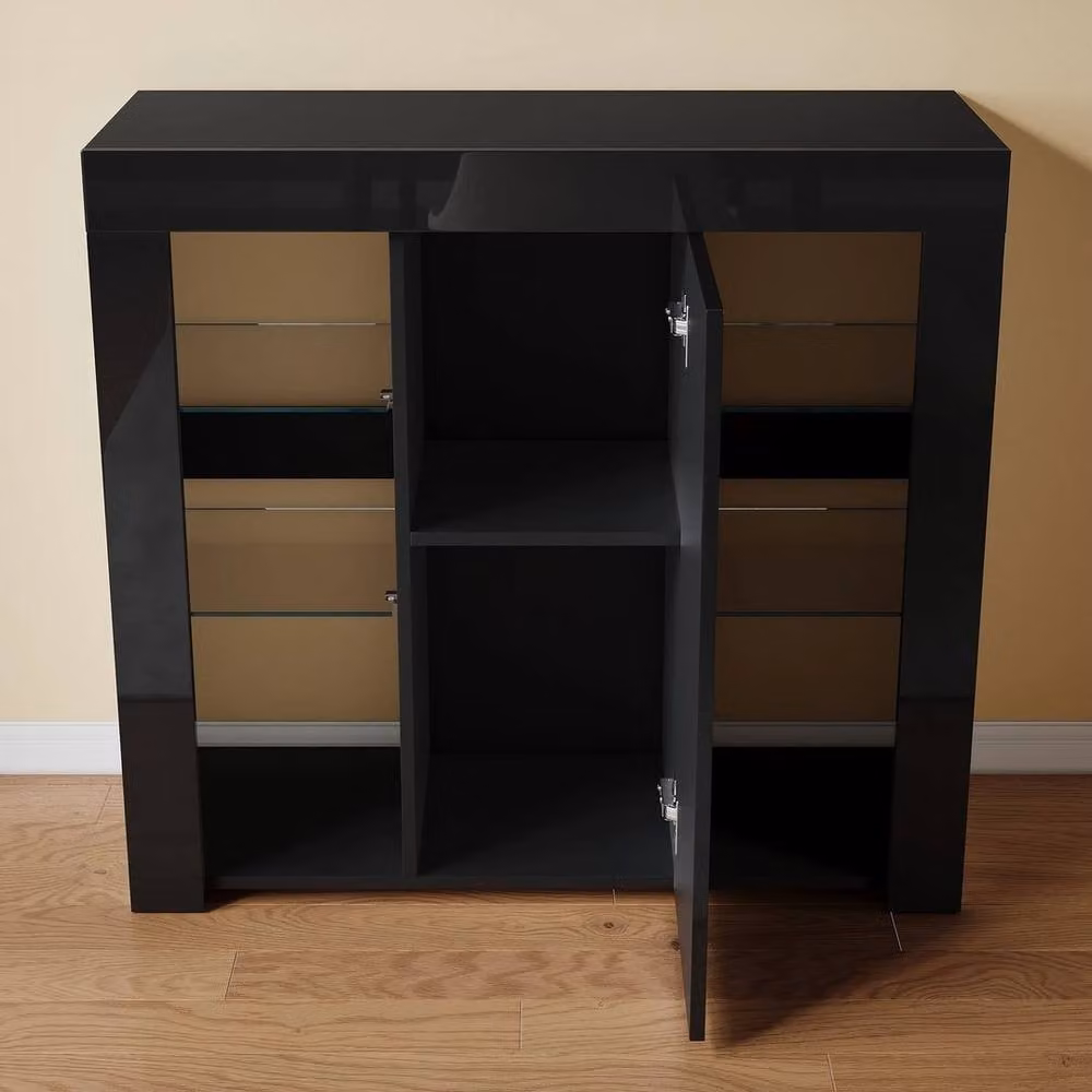 ERGOVEXA Black Glossy Modern Sideboard Storage Cabinet with Glass Shelves – 3