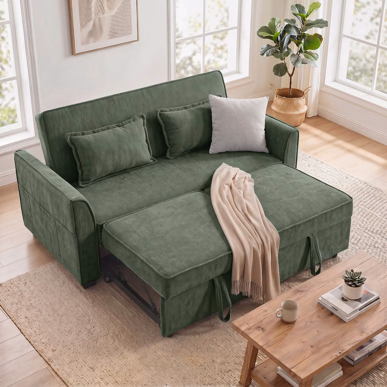 HOMCOM 2 Seater L-Shaped Convertible Sofa Bed in Dark Green with Adjustable Backrest and Side Pockets – 2