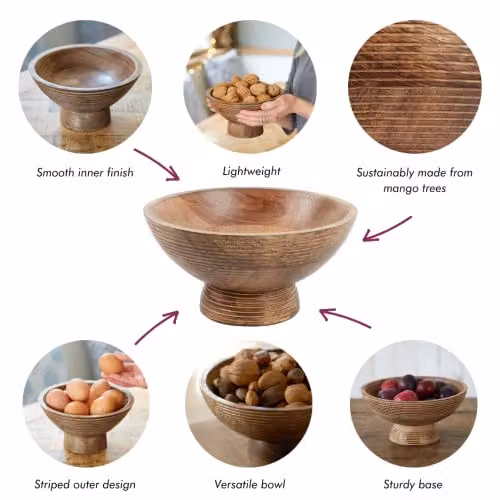 Paper High Hand Carved Makula Raised Design Mango Wood Fruit Bowl in Brown – 2