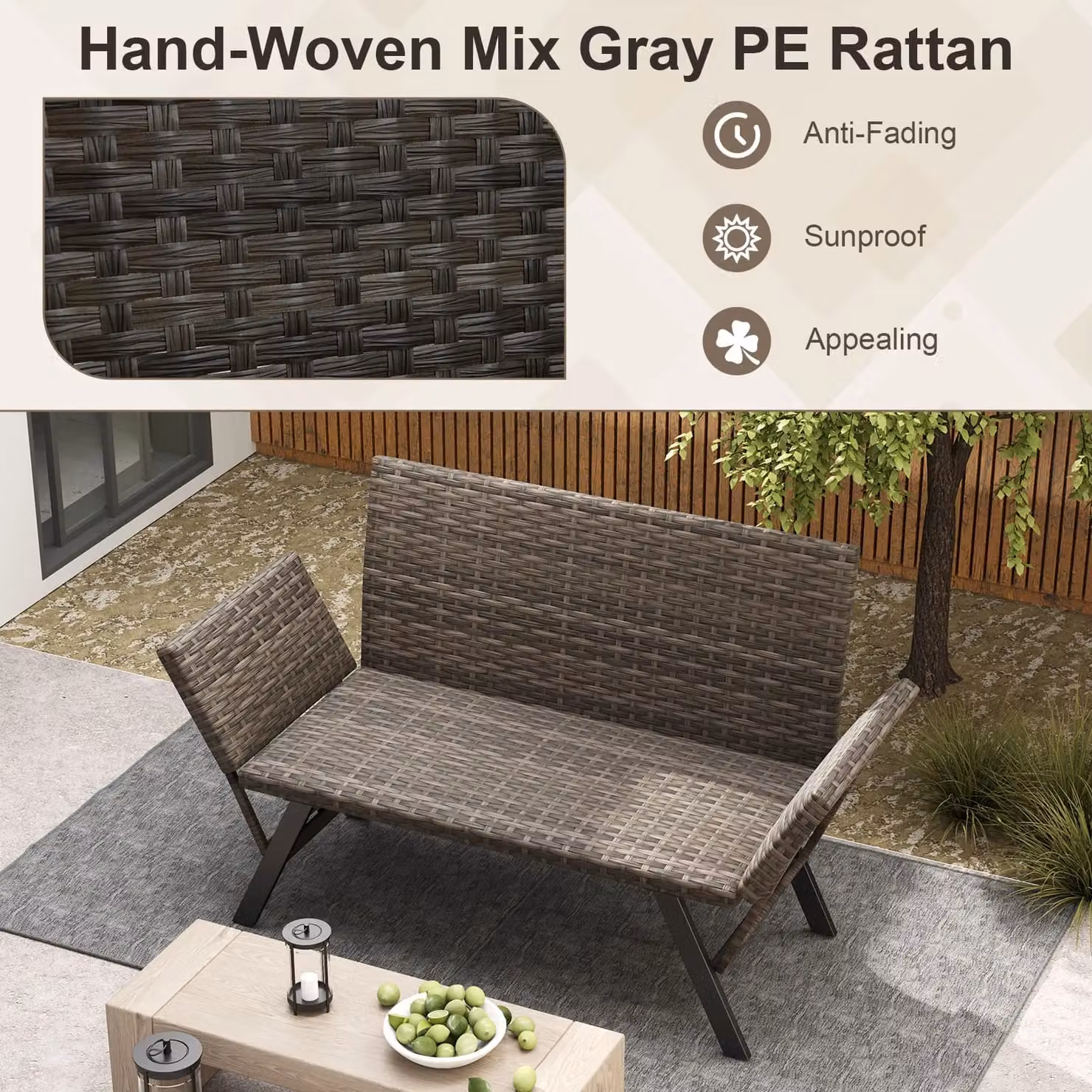 Costway Grey Polyrattan Patio Convertible Sofa for 2 with Quick Dry Foam Padded Cushions and Metal Frame – 4