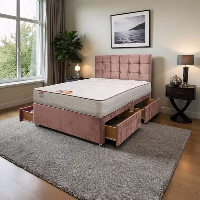 Knight Sleep Cubed Plush Double Bed Set with Mattress and 24 inch Headboard in Pink Velvet Fabric with Drawers, W/D/H: 140 x 200 cm