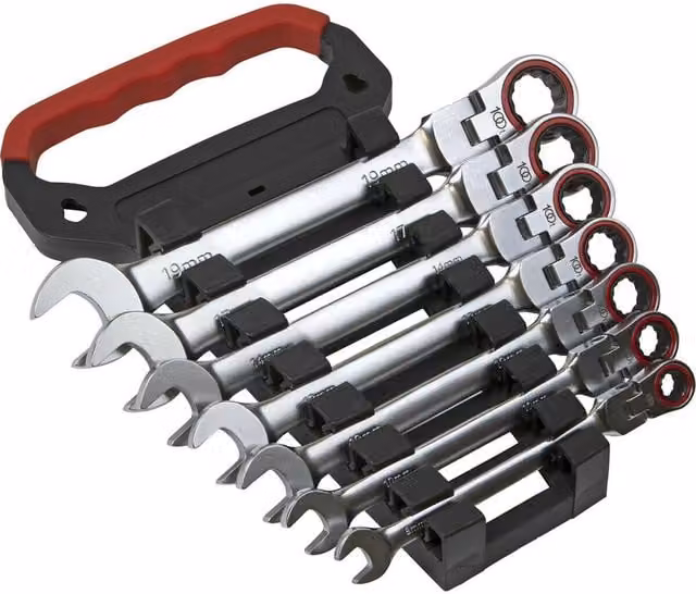 Loops 7pc Flexible Head Combination Ratchet Spanner Set, 12 Point Metric, Silver and Multicolour