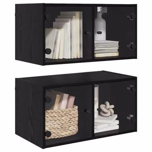 vidaXL Set of 2 Modern Wall-Mounted Cabinets with Glass Doors in Black, W/D/H: 68 x 37 x 35 cm – 1