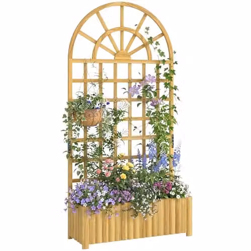 Outsunny Wooden Raised Planter with Lattice Trellis for Climbing Plants, Brown/Beige, H 180 x W 90 x D 30 cm – 1