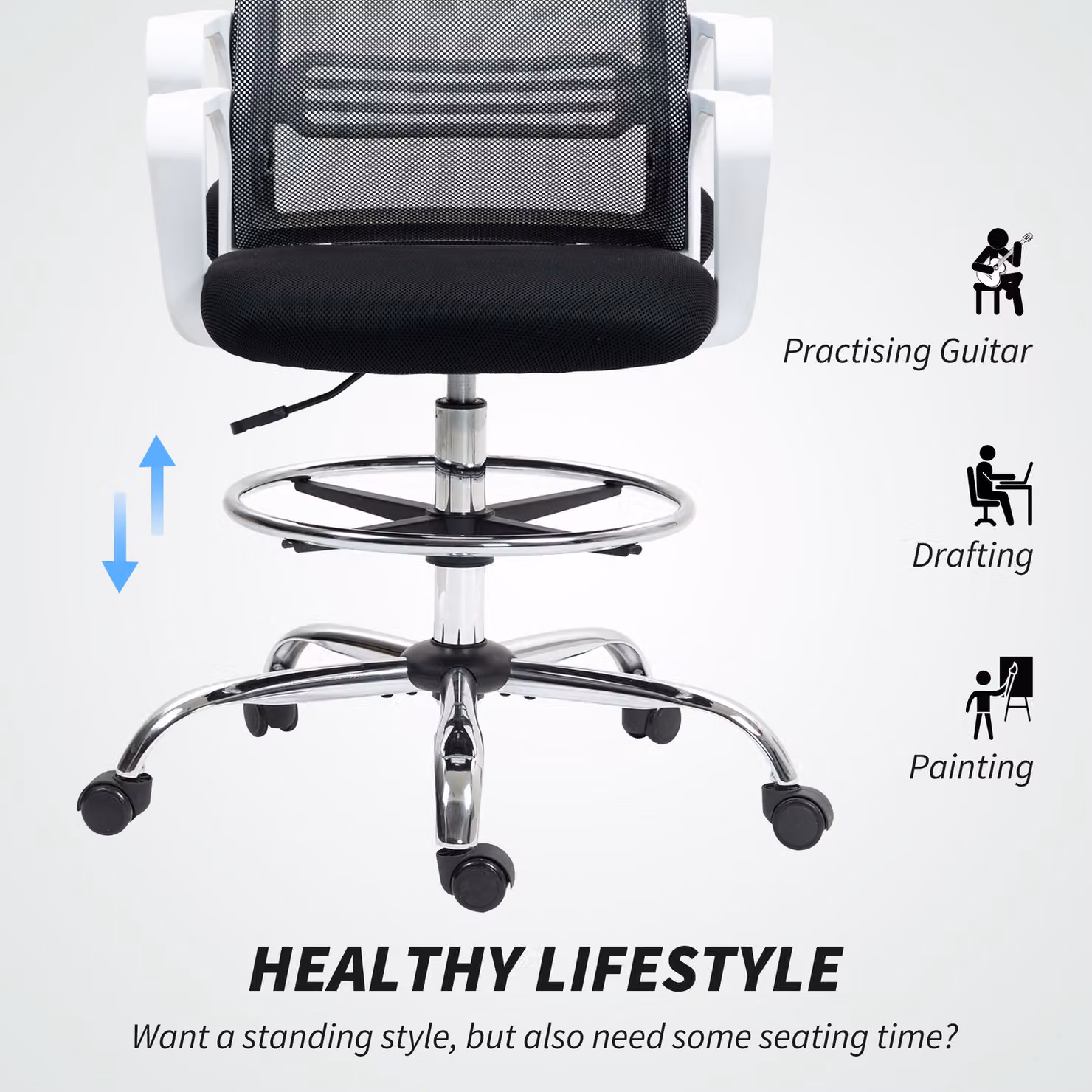 HOMCOM Black Ergonomic Mesh Drafting Chair with Lumbar Support and Adjustable Foot Ring – 4