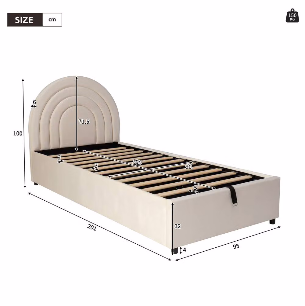 STILVORA Single Upholstered Velvet Bed with Hydraulic Lift-Up Storage in Beige, W/D/H: 90 x 190 x 100 cm – 2