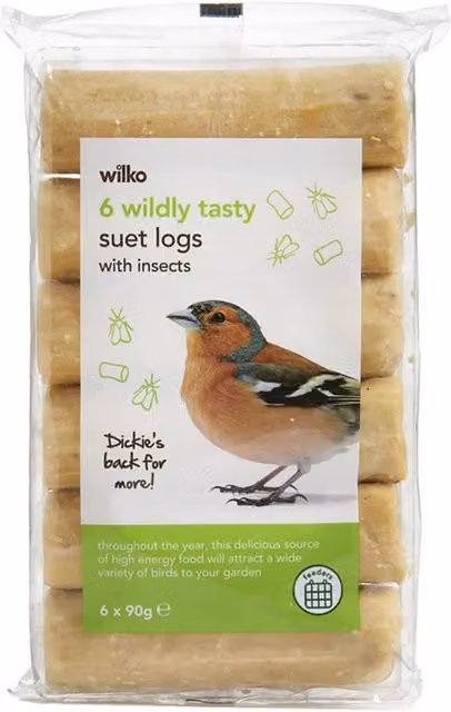 wilko Pack of 6 Wildly Tasty Wild Bird Suet Logs with Insects, Multicolour