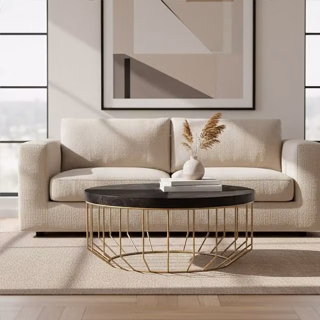 Fifty Five South Round Coffee Table in Black Leather and Gold Metal