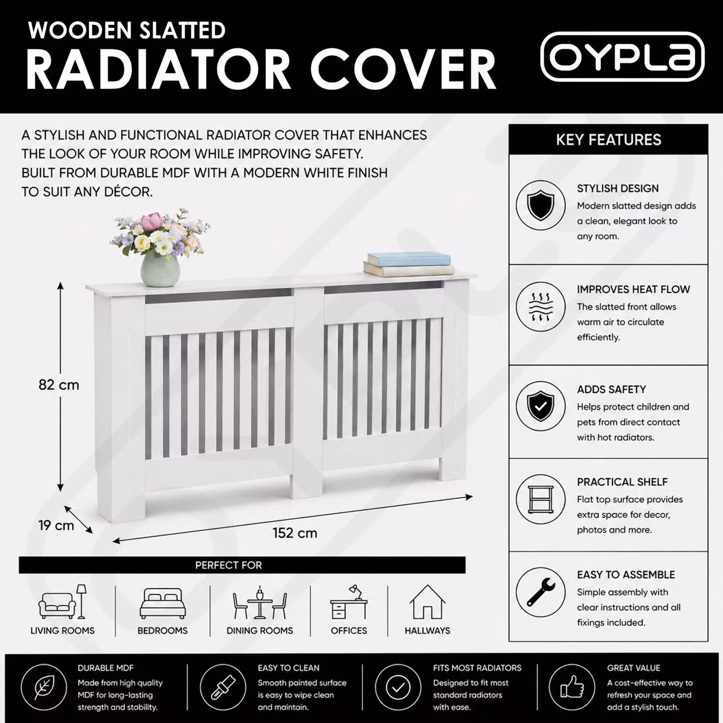 Oypla Large White Wooden Slatted MDF Radiator Cover Cabinet – 2
