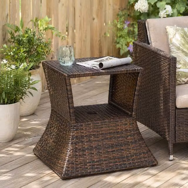 STILVORA Brown Outdoor Table with Parasol Hole and Storage Shelf – 1