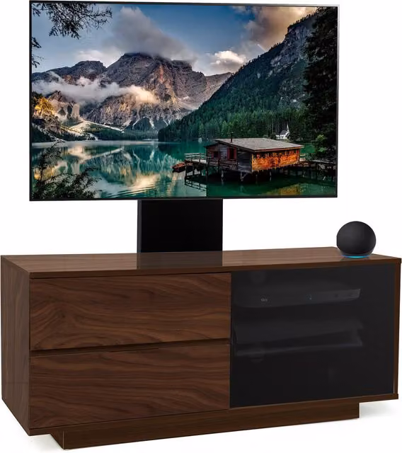 Centurion Supports Gallus Ultra TV Cabinet with Mounting Arm in Walnut and Black with Glass Details