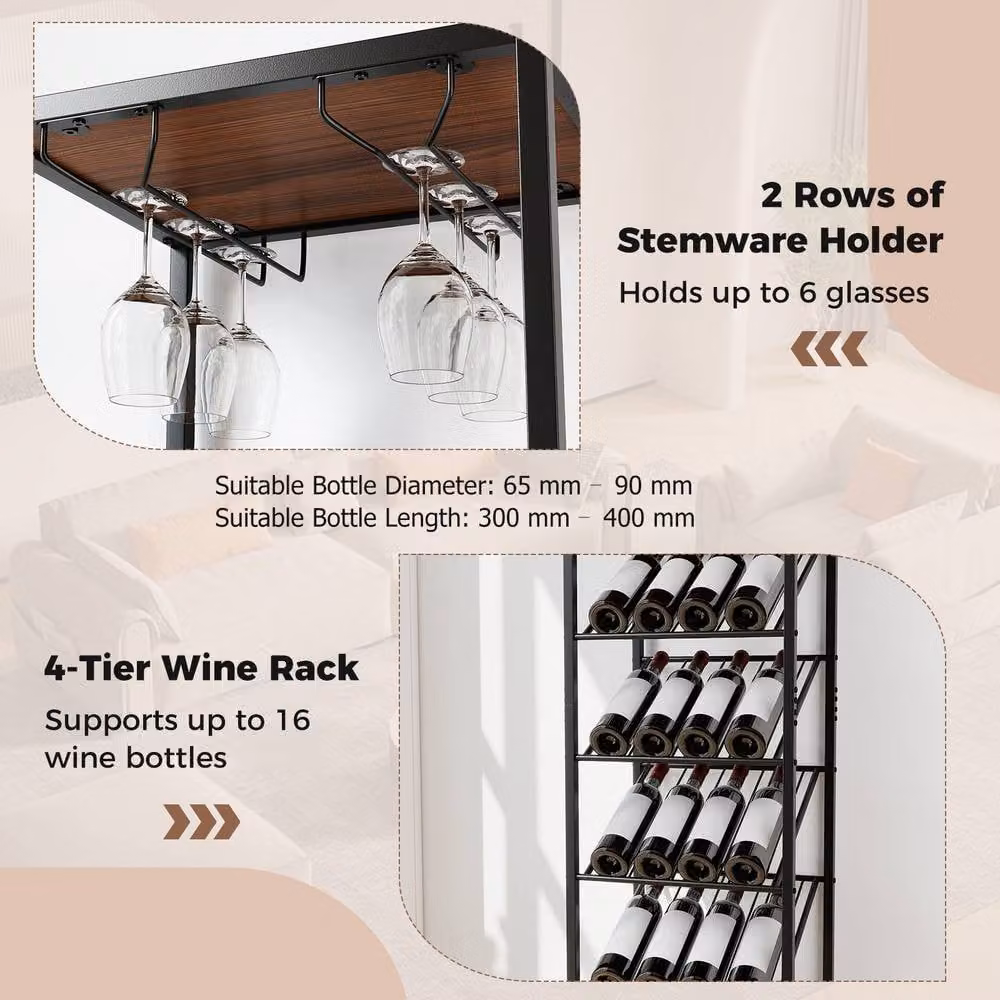 Gymax 7-Tier Freestanding Wine Rack and Liquor Storage Stand with Glass Holder in Brown – 6