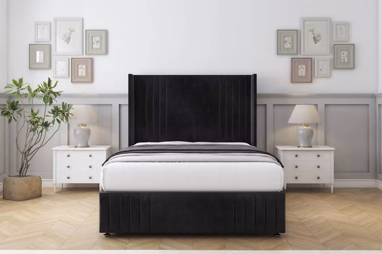Sloomy Camden Naples Divan Set in Black with Wingback Headboard and Footboard, Small Double, W/D/H: 120 x 200 cm