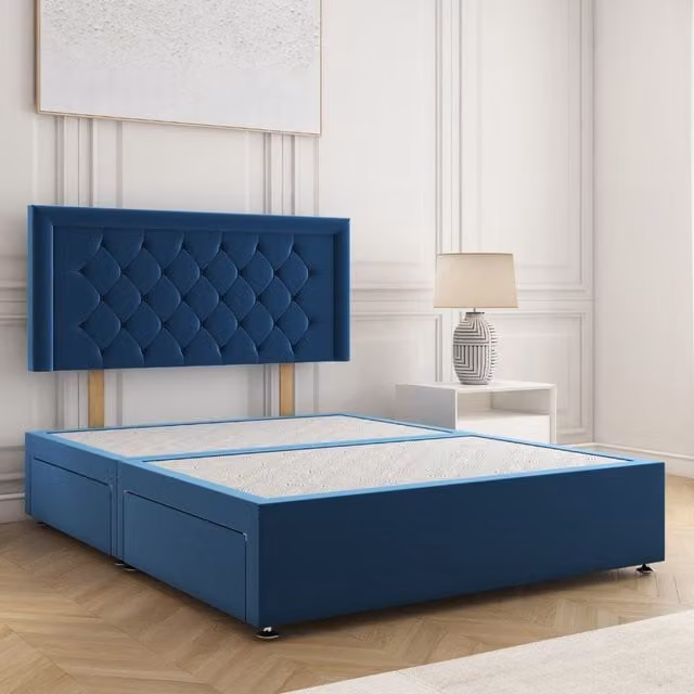 BSSPOKE Nova Plush Velvet Divan Bed with 24 inch Headboard and 4 Drawers in Blue, Super King, W/D/H: 200 x 200 x 30.48 cm