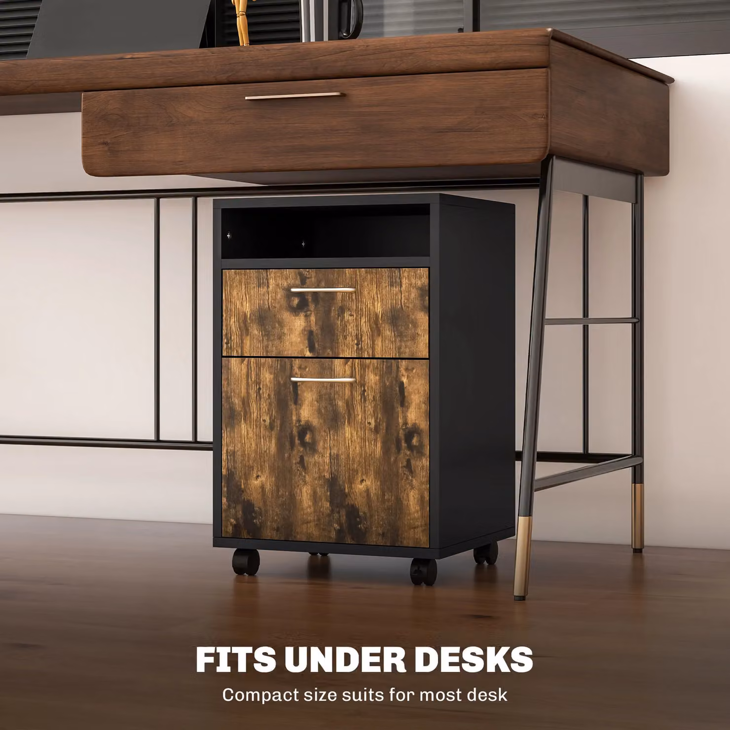 HOMCOM Rustic Brown Filing Cabinet with Drawers and Open Shelf – 5