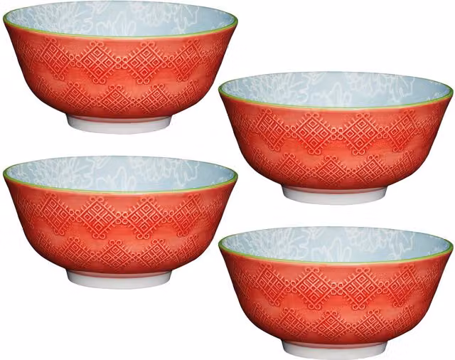 KitchenCraft Set of 4 Red Ceramic Leaf Print and Terracotta Look Bowls
