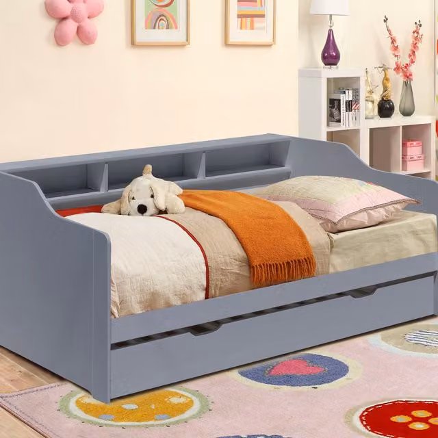 Comfy Living Solid Wood 3ft Childrens Bed with Trundle and Drawers in Grey, W/D/H: 90 x 190 cm
