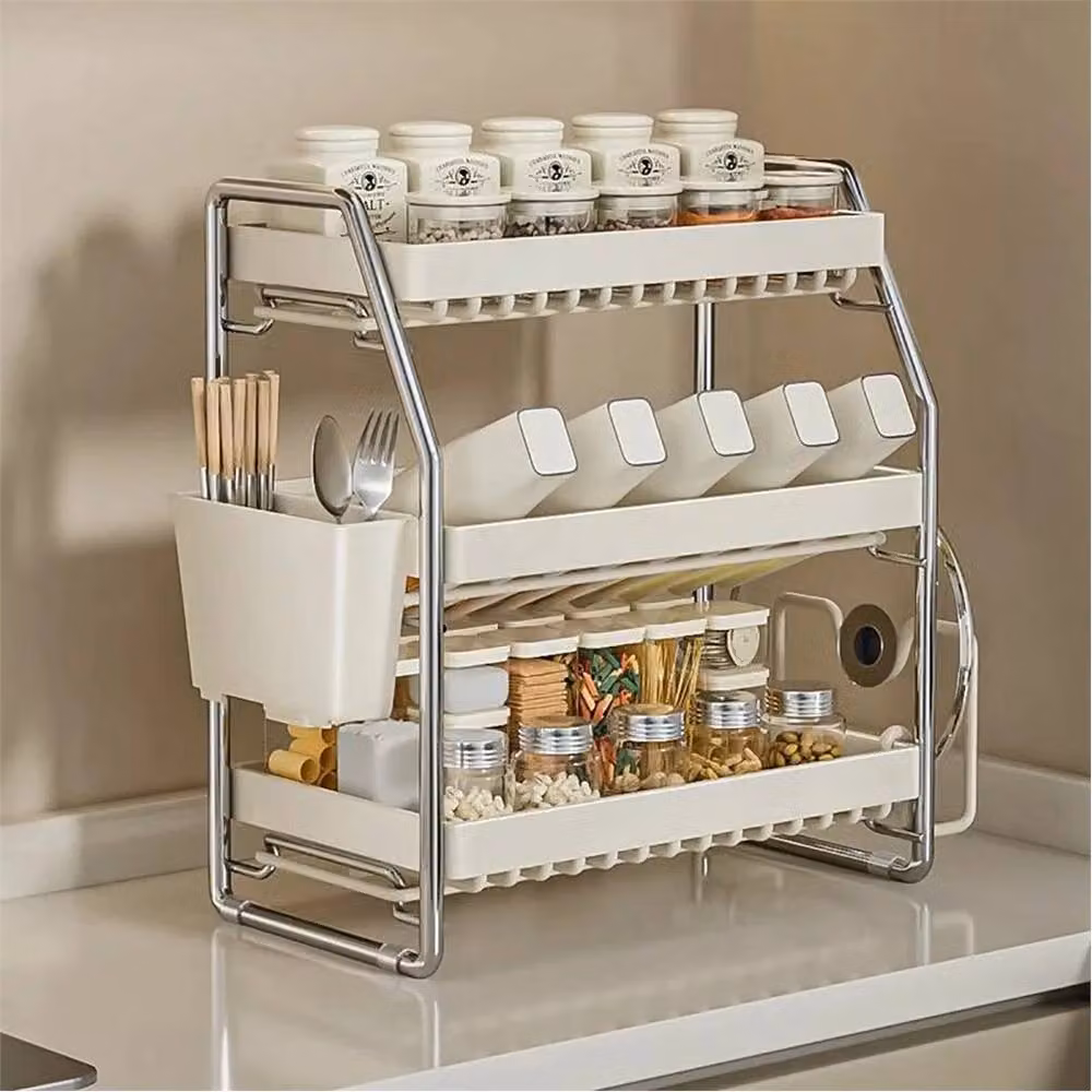 SPETLEK 3 Tier Metal Kitchen Countertop Spice Rack and Herb Jar Storage Shelf in White – 2