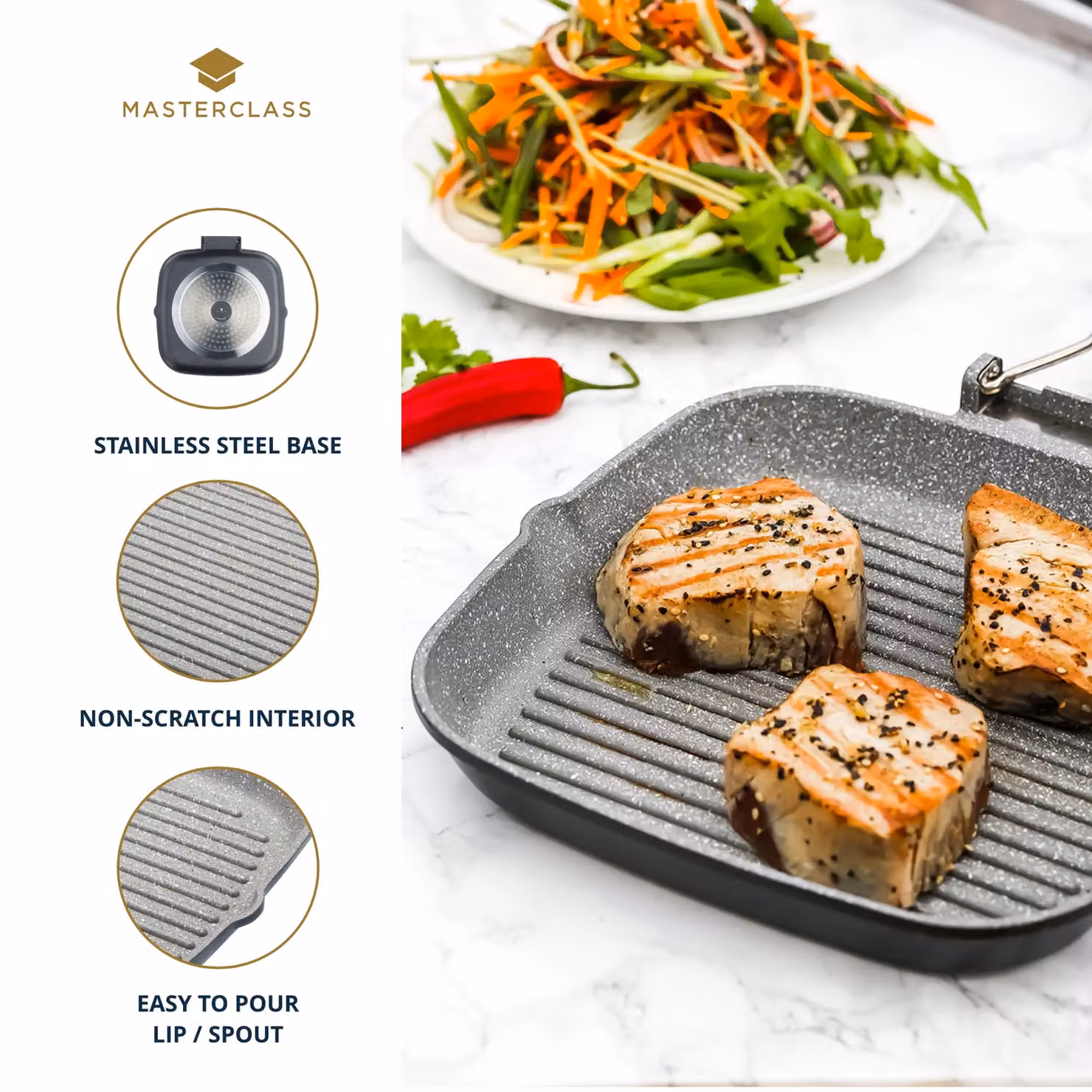 MasterClass Non-Stick Cast Aluminium 24cm Grill Pan with Removable Handle, Grey – 8