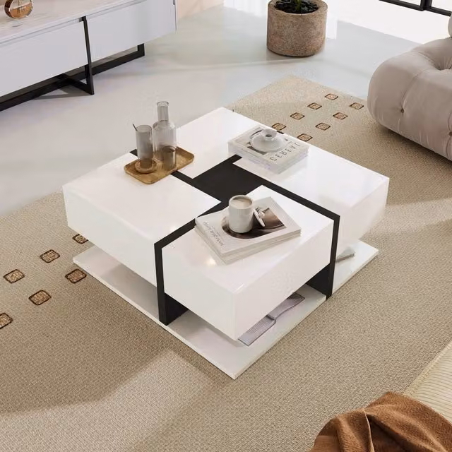 Modern Home Store Modern Square Coffee Table in White Glossy MDF and Metal with Lift Mechanism