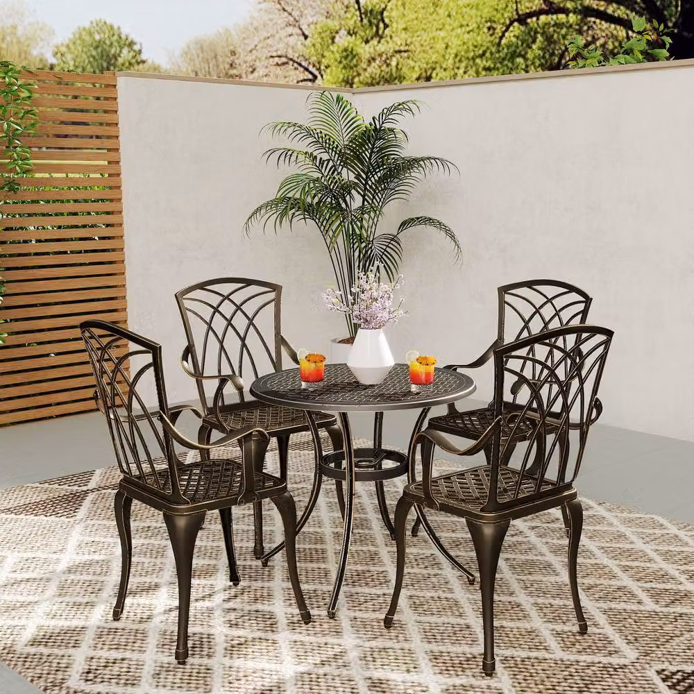 STILVORA 5 Piece Round Garden Dining Set with Parasol Hole in Matt Bronze Powder Coated Aluminium – 2