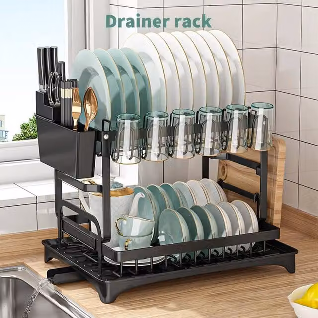 PAWNORA 2-Tier Dish Rack and Plate Cup Drying Drainer with Drip Tray, Black – 1