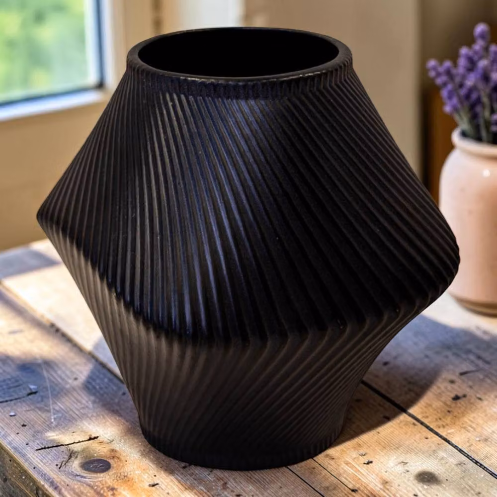 Four Candle Graphite Grey Ribbed Ceramic Sculptural Vase – 2
