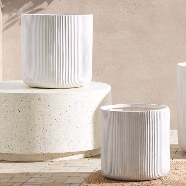 Wyld and Coco White Ribbed Fibreglass Outdoor Planter Pot, 45 cm