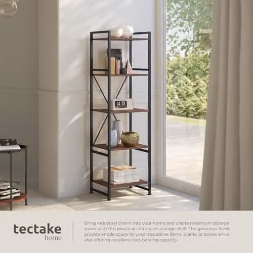 tectake Industrial Bookcase with 5 Adjustable Shelves and Steel Frame, Brown, W/D/H: 47.5 x 34.5 x 151.5 cm – 5