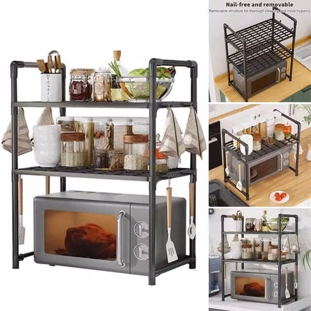 SPETLEK 3 Tier Microwave Oven Rack Stand Storage Holder in Black