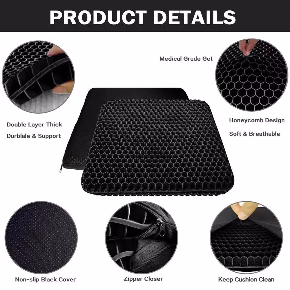Kelvenix Ergonomic Honeycomb Breathable Gel Seat Cushion, Black, W: 190 cm, D: 100 cm, H: 3.81 cm – 3
