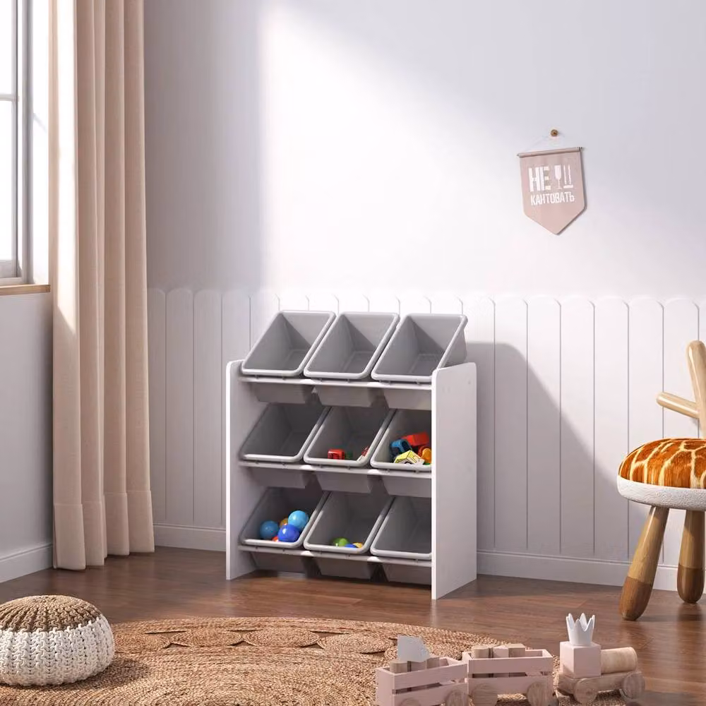 KORVIXA Children's Toy Storage Unit with 9 Removable Plastic Bins, White and Multicolour, W: 100 cm, D: 100 cm, H: 9 cm – 2