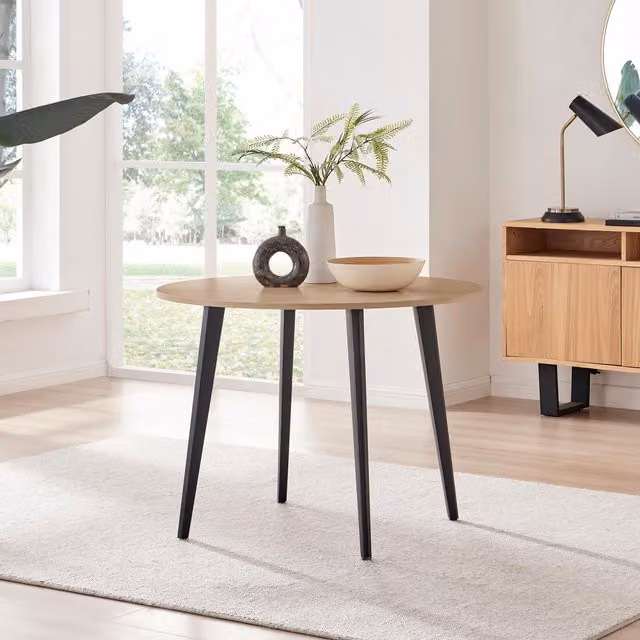 FurnitureboxUK Koko 4-Seater Round Melamine Scratch Resistant Dining Table in Light Oak with Black Legs