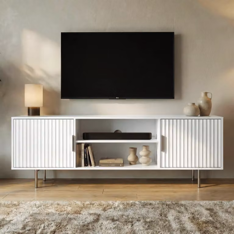 DHS Flutrina White Lacquered TV Unit Cabinet for TVs up to 55 inch, W: 140 cm, D: 40 cm