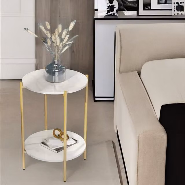 Pirlo Plush 2 Tier Round Faux Marble Side Table with Metal Legs in White – 1